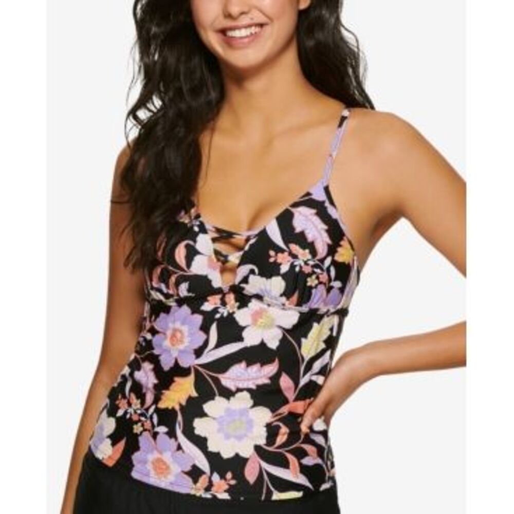 Hula Honey Luna Floral Strappy Tankini Swim Top In Black Multi - M